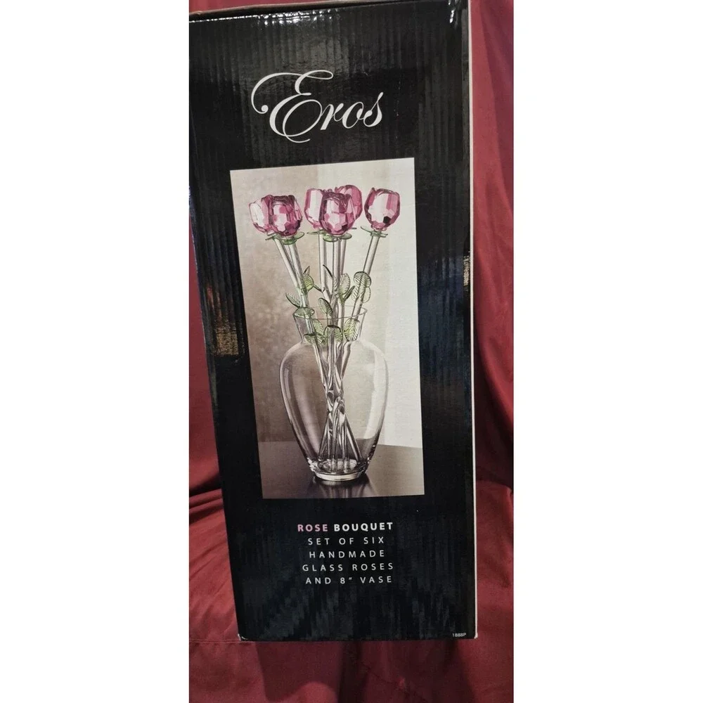 New Eros Glass Rose Bouquet Set 6 Crystal Pink Roses 8” Heart Vase New In Box